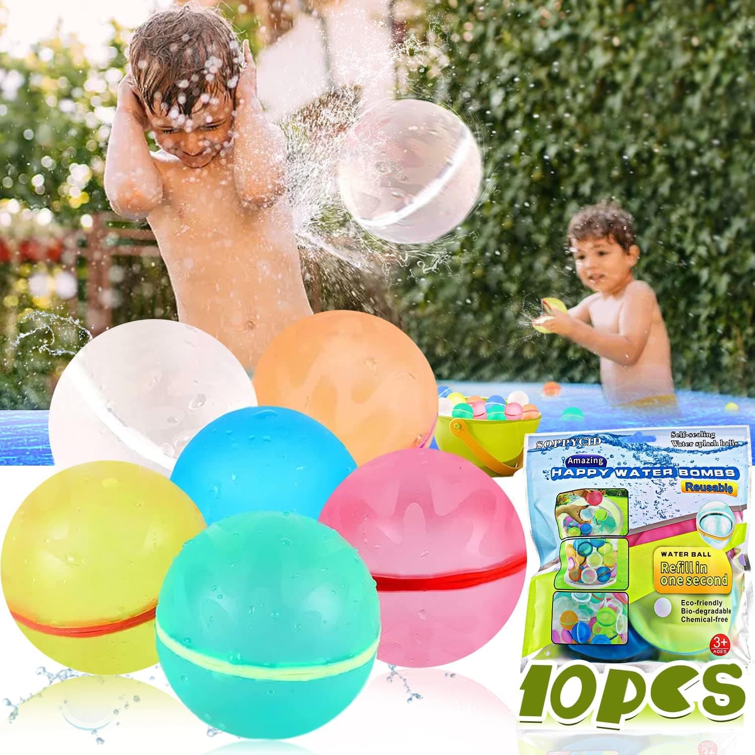 Reusable Water Balloons Self Sealing Quick Fill, Latex Free Silicone, Magnetic Refillable Water Balloons for Kids Summer Outdoor Pool Party Water Games - Happy Water Bomb Splash Balls (10pack)