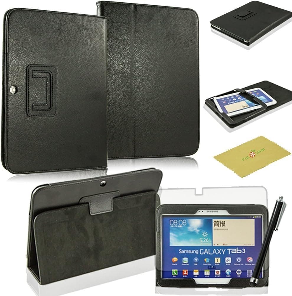 Fulland PU Leather Magnetic Folio Auto Sleep/Wake Function Stand Case with Stylus and Screen Protector for Samsung Galaxy Tab 3 - Black