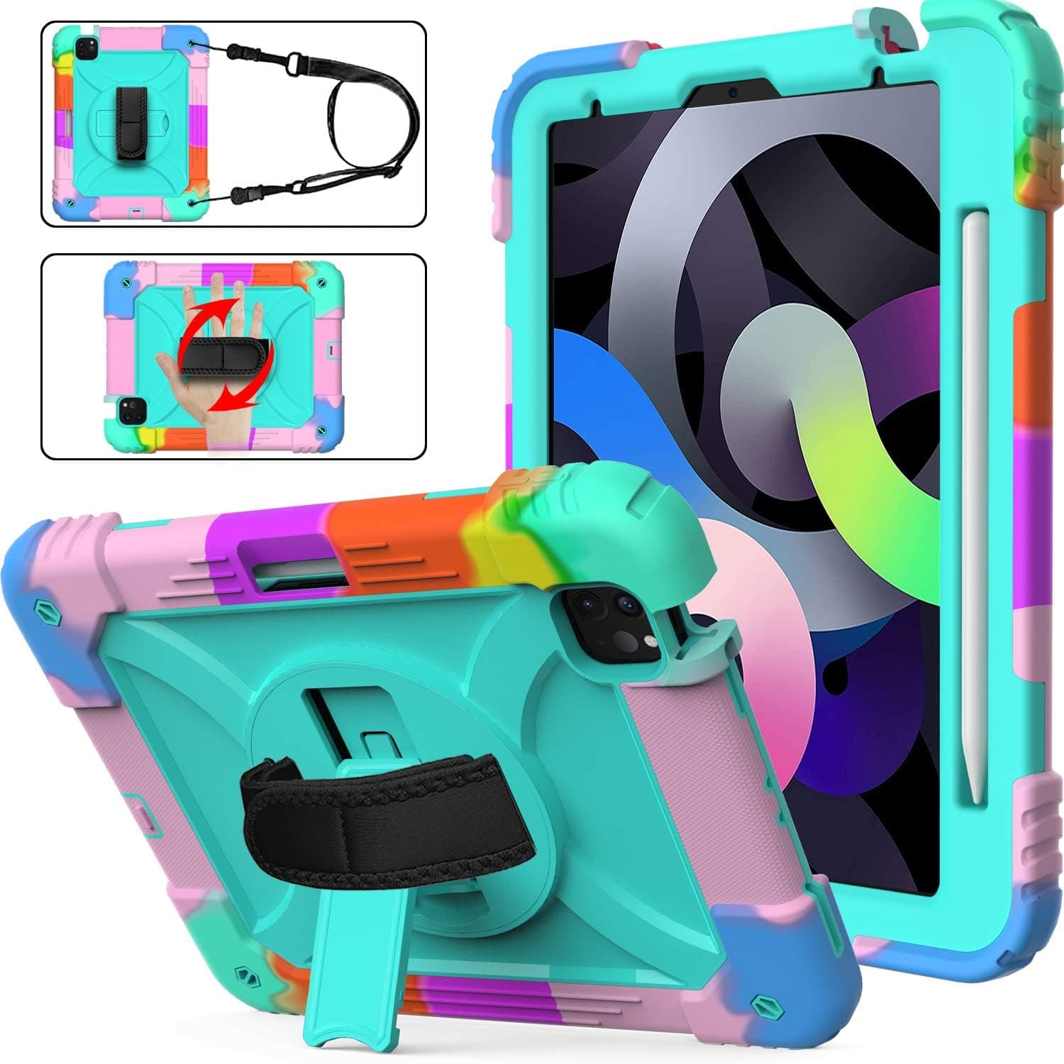 AVAKOT iPad Air 5 Case 2022 for Kids with Pencil Holder | iPad Air 4 & iPad Pro 11 Case | Three Layer Shockproof Durable Protection Cover W/Stand Handle Strap Shoulder Strap for iPad Air 4th Gen Green