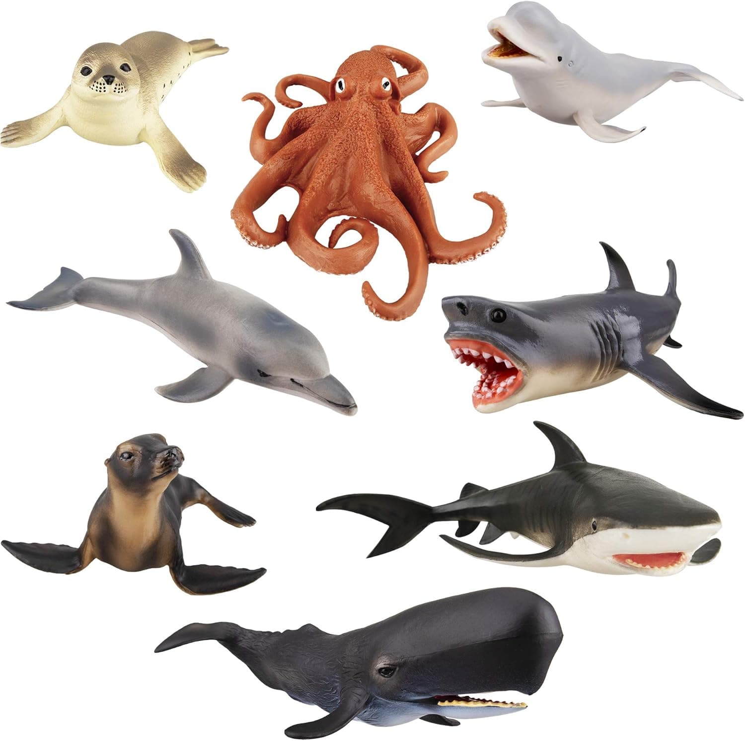 TOYMANY 8PCS 4-8" Large Sea Ocean Animals Figurines Bath Toy, Plastic Shark Whale Animals Figures Set Includes Beluga Whale,Sharks,Dolphin, Baby Shower Toy Cake Toppers Birthday Gift for Kids Toddlers