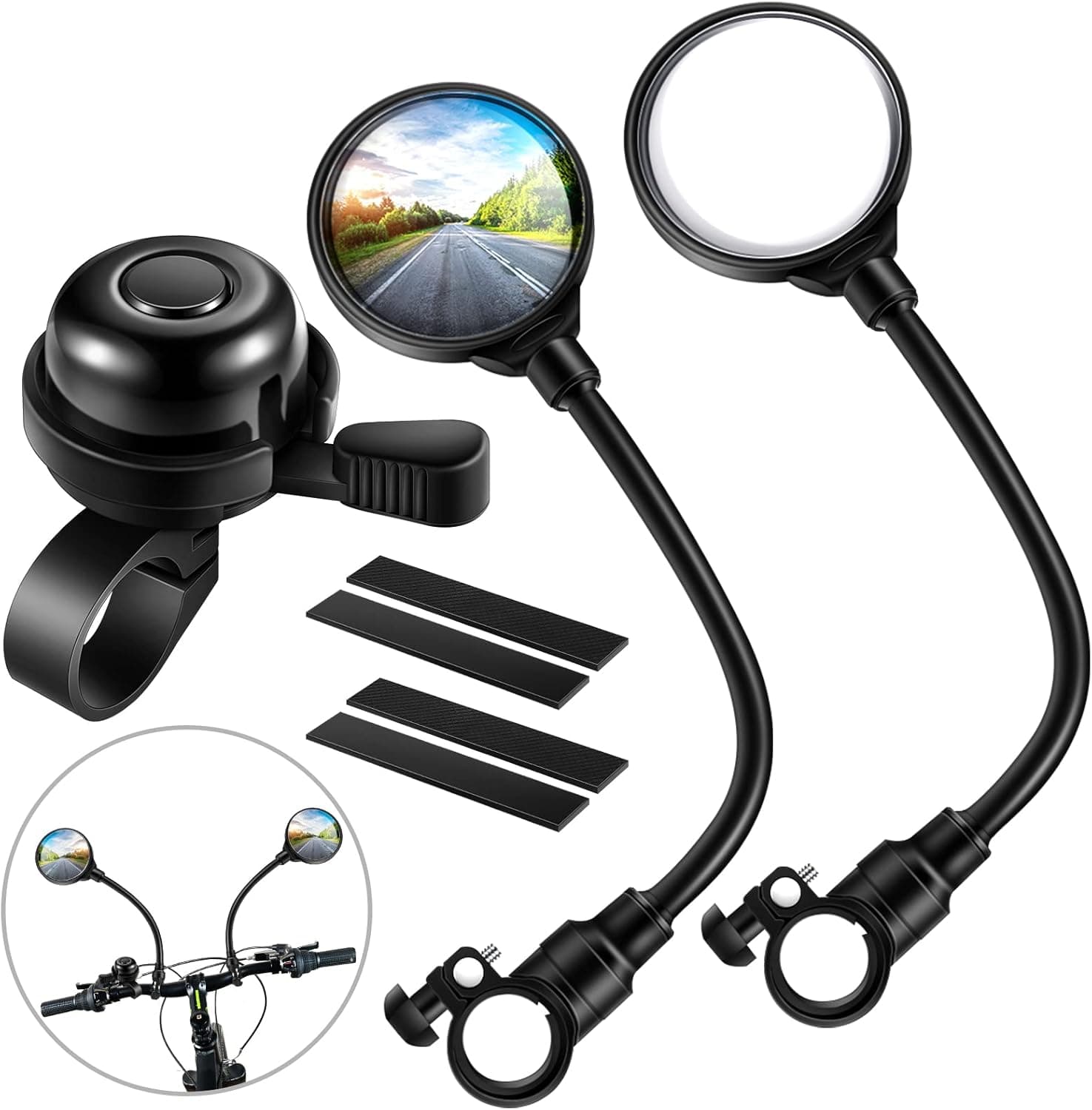 7 Pcs Bike Mirror Cycling Rear Mirror Bicycle Bell Anti Slip Rubber Gaskets Set, Adjustable 360 Rotatable Bike Handlebar Rearview Mirrors for Mountain Road Bike Electric Motorcycle