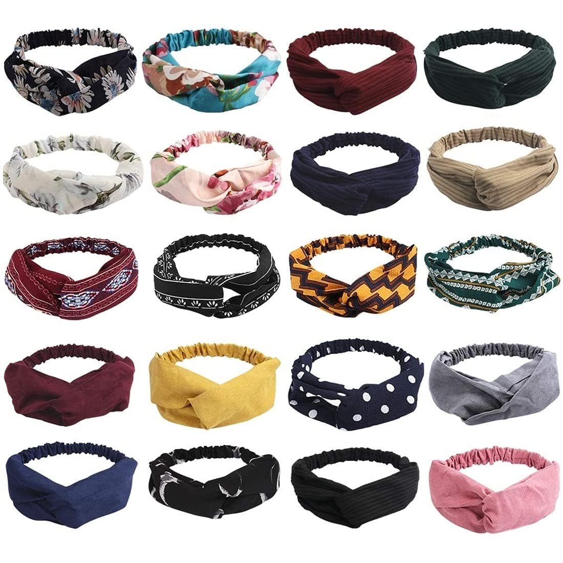 FASOTY 20 Pcs Boho Headbands for Women, Vintage Womens Headbands Floral Elastic Hair Bands Twisted Criss Cross Yoga Sports Workout Head Wrap Hair Accessories for Women