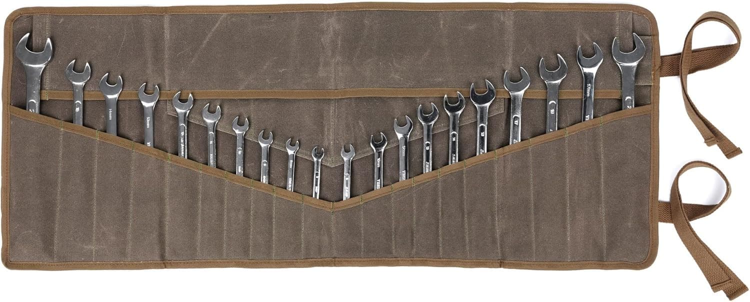 Wrench Roll Up Pouch, Heavy Duty Waxed Canvas Tool Bag Tool Organizer Bag With 20+4 Pockets (Brown)
