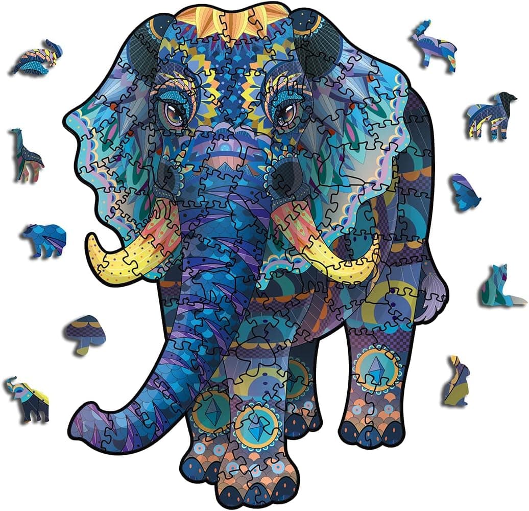 Wooden Puzzles Jigsaw for Adults Elephant Shaped Wood Cut Puzzles 6.3 X 8.2 Inches (16 X 21 cm) 100 Pieces