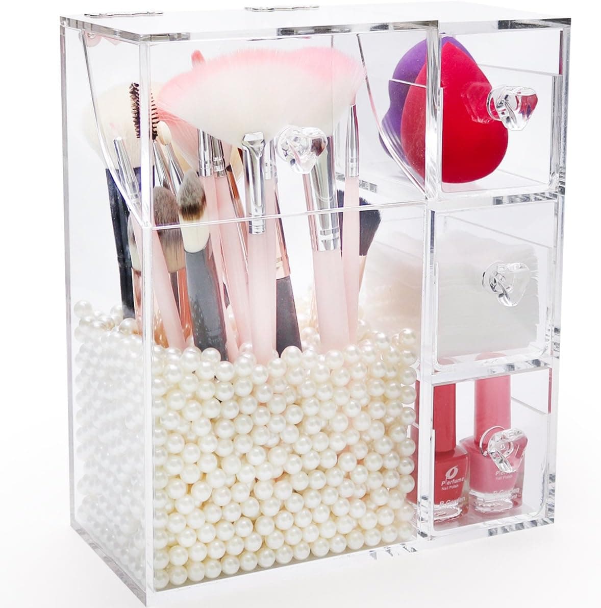 Lonkiktik Makeup Brush Holder with Lid,Large Cosmetic Brush Organizer with 3 Drawers,Dust proof Box with Pearls for Lipsticks,Sponge,Brush,Makeup Tools,Clear