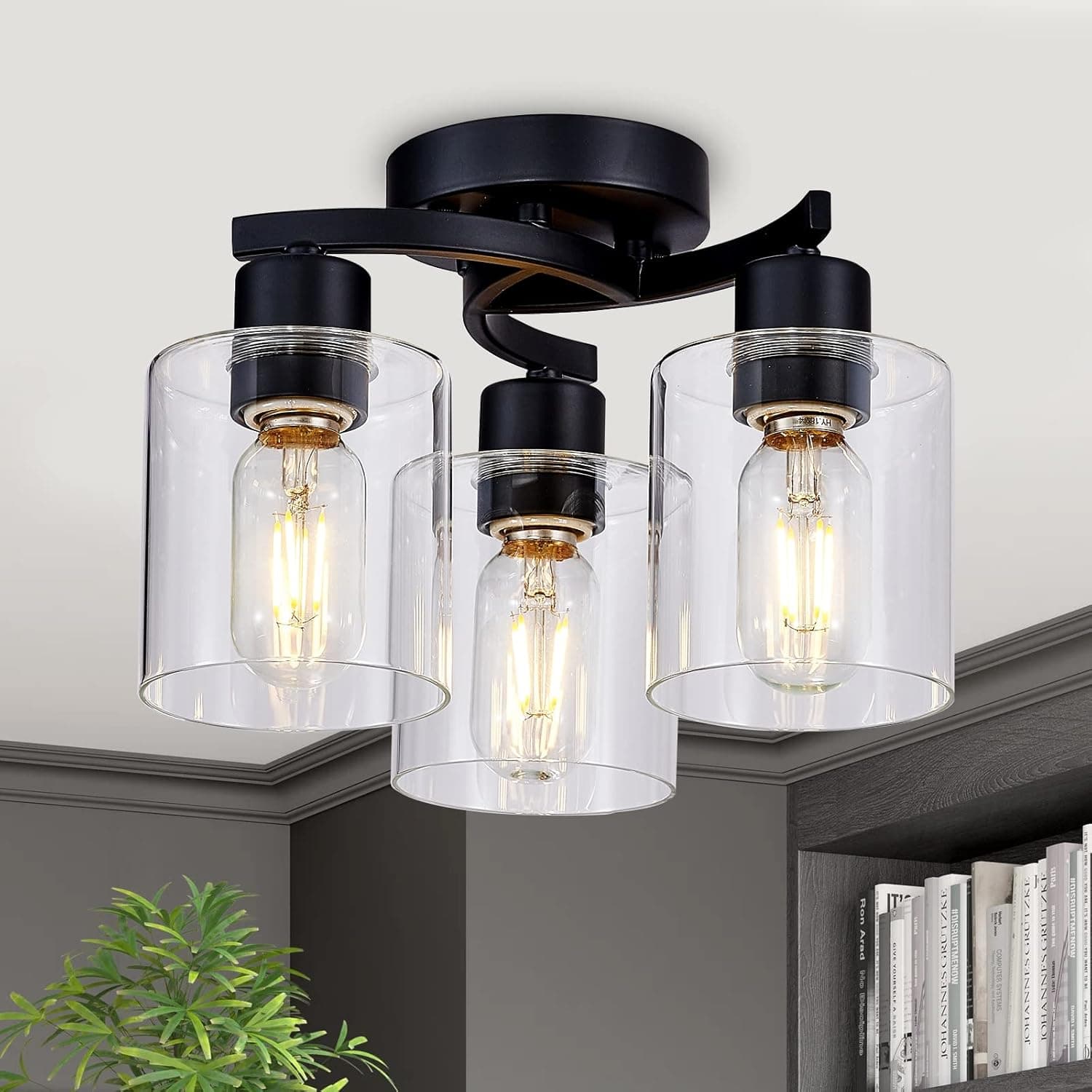 Flush Mount Ceiling Light, 3-Light Close to Ceiling Light Fixtures, Matte Black Bedroom Light Fixtures with Clear Glass Shades, Hallway Light Fixtures with E26 Socket for Kitchen Entryway Foyer