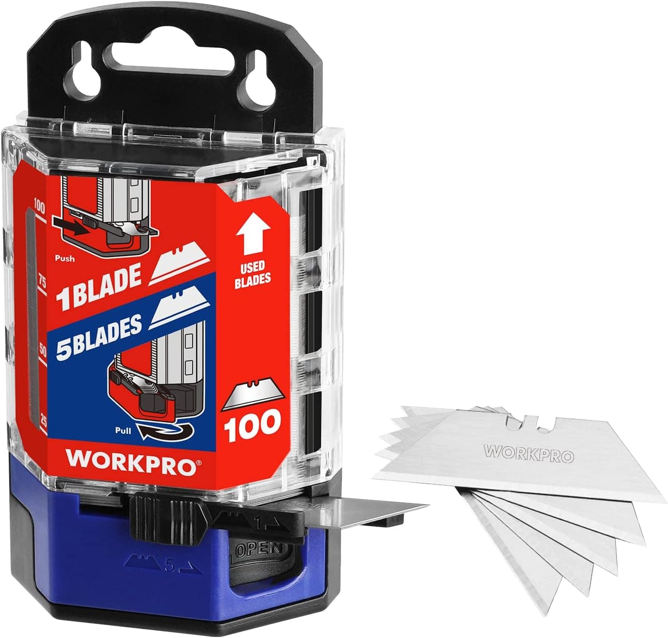WORKPRO Utility Knife Blades, 100-Pack Utility Blades Replacement with Dispenser, SK5 Carbon Steel, Red