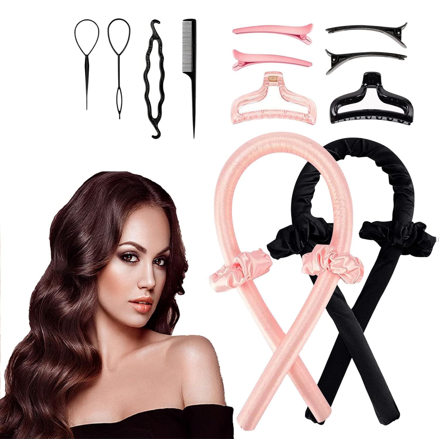 Heatless Hair Curler - Heatless curls Set - Heatless Curling Rod Headband - Satins Heatless Hair Curler To Sleep In (Black and Pink)