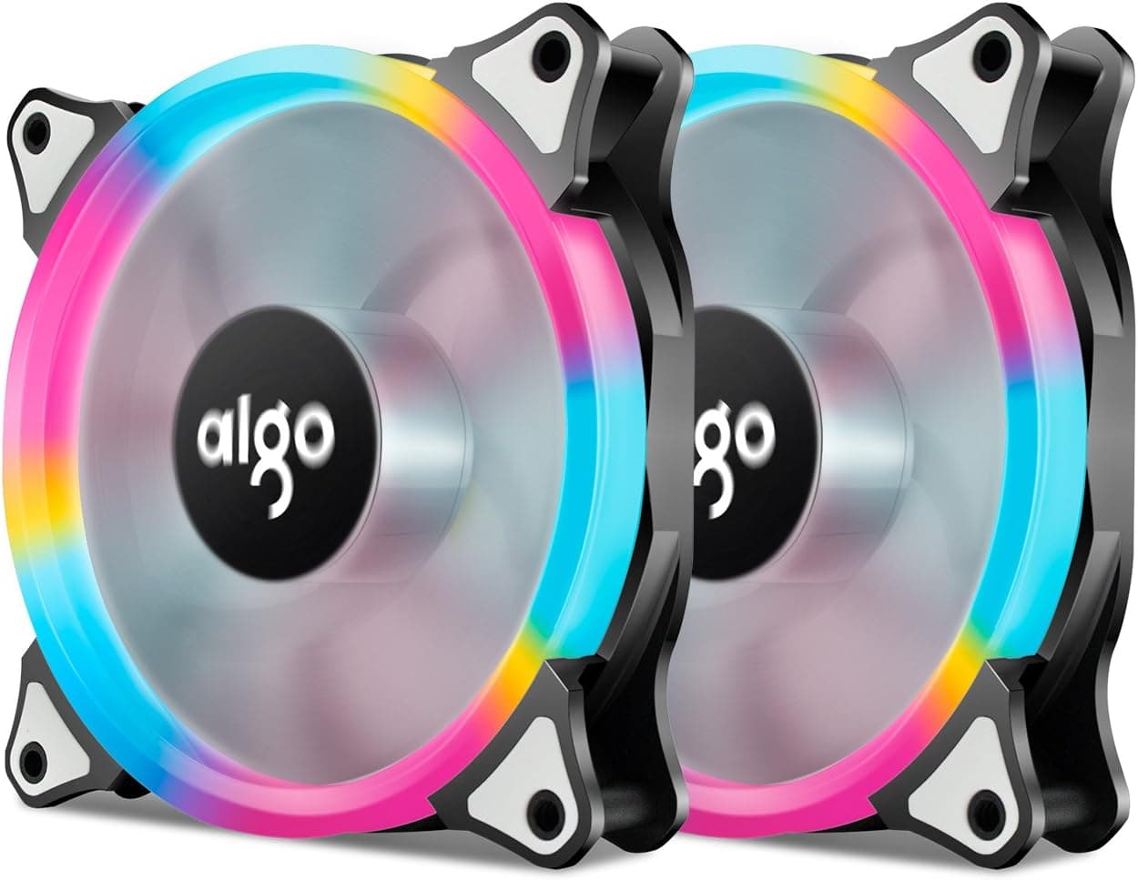 Aigo, Pack of 2 Rianbow 120mm LED Ring FanCase Fan Silent Sleeve Bearing PC Cooling Neon Quite Clear Case Fan Cooling Cooler Mod 4 Pin/3 Pin for Computer Cases
