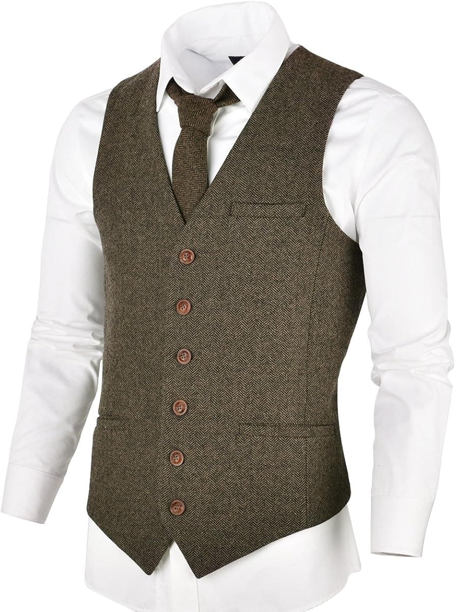 VOBOOM Men's Slim Fit Herringbone Tweed Suits Vest Premium Wool Blend Waistcoat