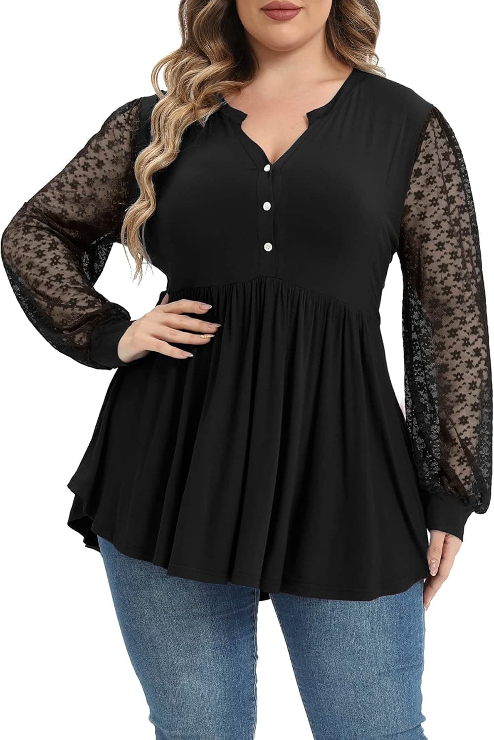 ALLEGRACE Women's Plus Size Henley V Neck Button Tunic Tops Long sleeve Swing Flowy Shirts