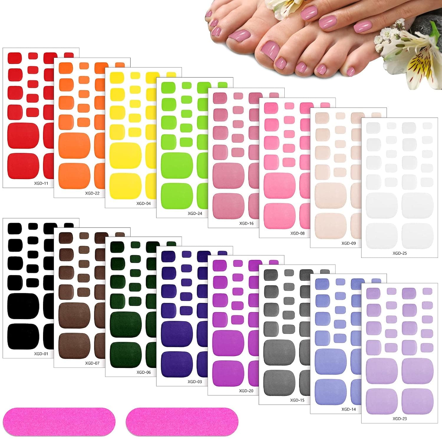 352 Pieces 16 Sheets Toenail Polish Stickers Adhesive Toe Nail Wraps Full Toe Nail Wraps Toenail Polish Strips DIY Toe Nails Manicure Decal with 2 Pieces Nail Files for Girls (Vibrant Color)