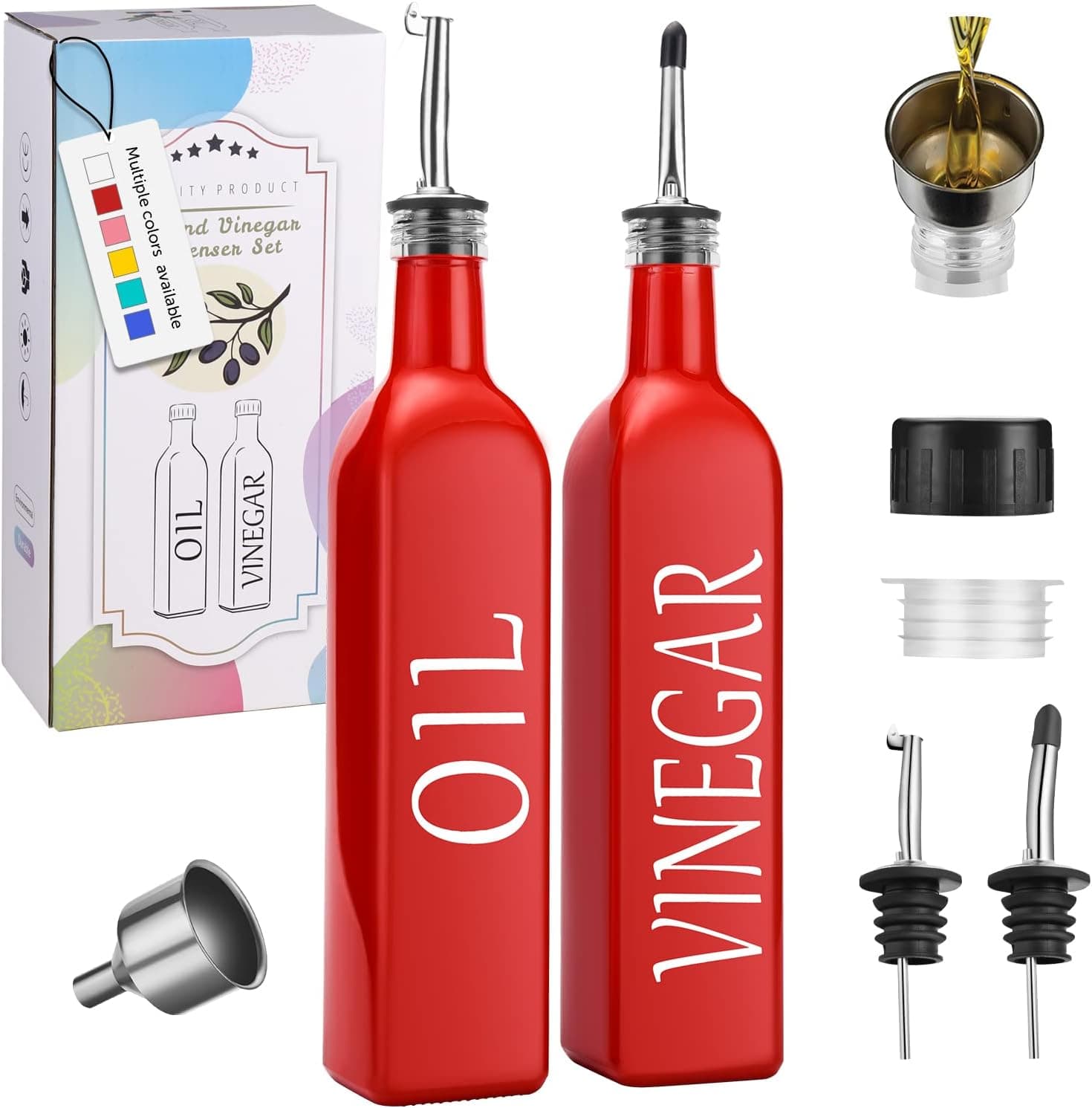 Red Oil and Vinegar Dispenser Set by DANWEITESI,Red Olive Oil Dispenser Bottle+Vinegar Bottle with Stainless Steel Pouring Spout