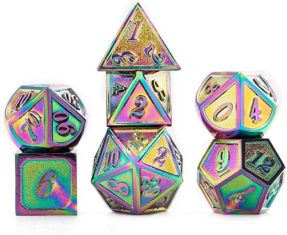 REDSUN D&D Metal Dice,RPG Dice Set,Polyhedral Solid Enamel Zinc Alloy ,New Font,for Role Playing Game Dungeons and Dragons (Rainbow Dragon)
