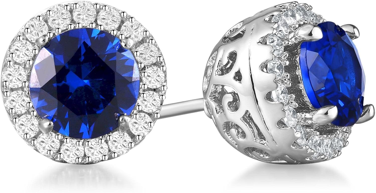 Vibrille 6mm Created Gemstone Sterling Silver Stud Earrings for Women with Cubic Zirconia Halo
