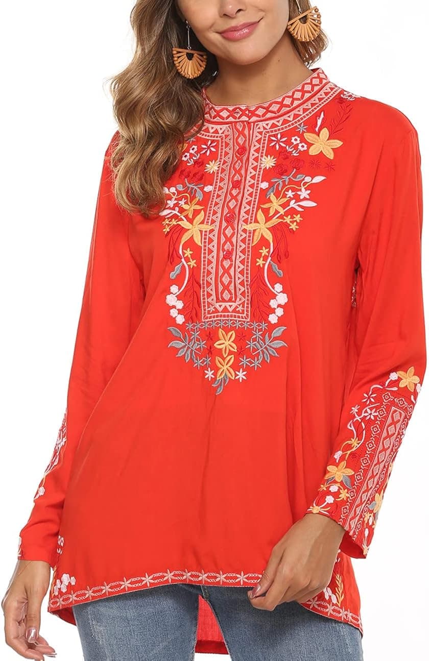 gosiea Bohemian Floral Embroidered Tops for Women V Neck Mexican Shirts Long Sleeve Casual Loose Tunic Blouse