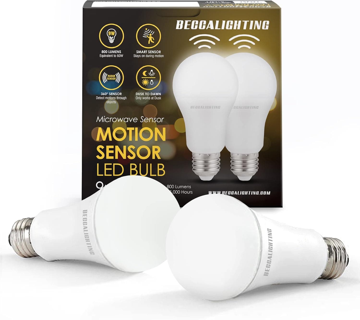 BECCALIGHTING Motion Sensor LED Light Bulb 9W for Indoor Lighting Fixtures Motion Activated Garage Basement Stairwell Hallway, Daylight White 5000K, UL Listed, 2-Pack