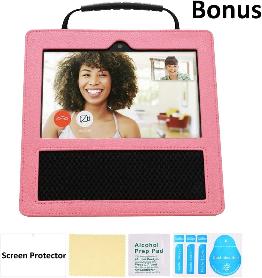 Case for Amazon Echo Show with Premium PU Leather Carrying Case, Bonus Screen Protector, Portable Handle, Sleeve Skins, Anti-Skid Protection, 360 Degree Protect, Super Light Weight Accessory (Pink)