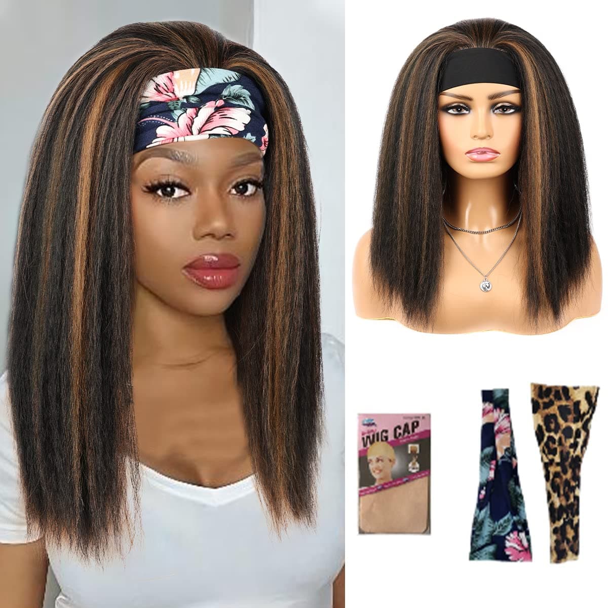 NAYOO Headband Wigs for Black Women 14 inch Kinky Straight Wig with Headband Attached Synthetic Headband Wig for Daily Use