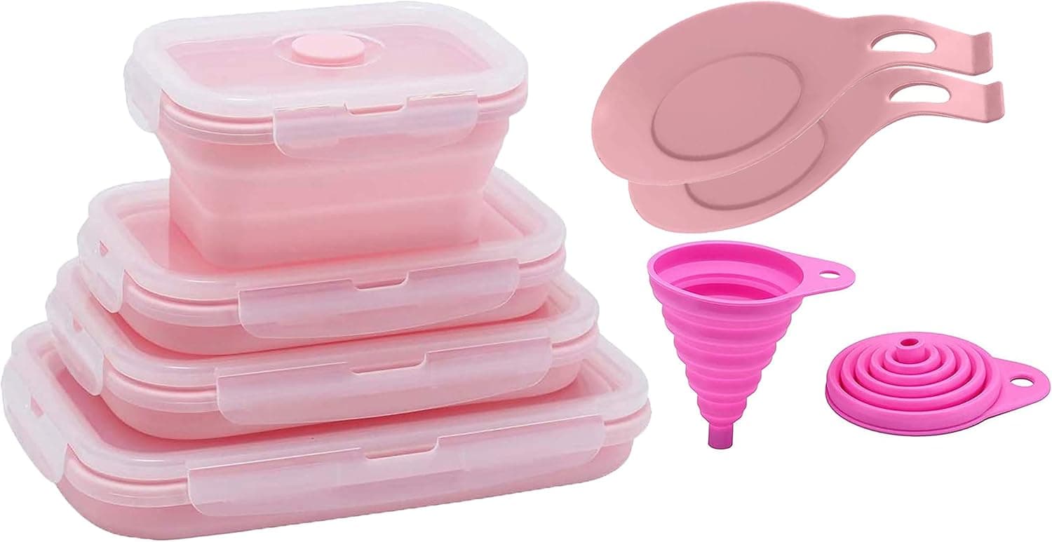 Collapsible Food Storage Silicone Stacking Containers Microwave Freezer Dishwasher Safe - Pink