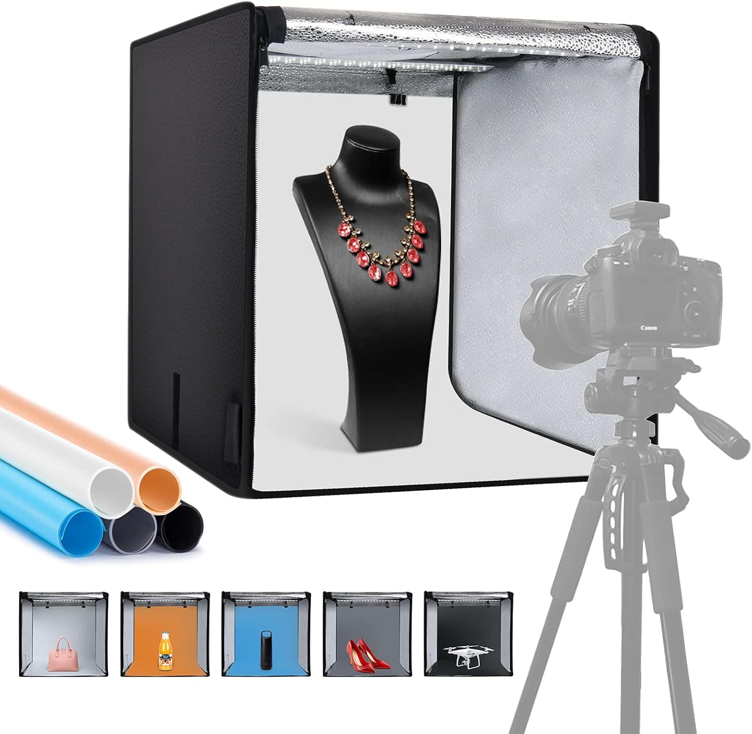 SEDGEWIN Photo Studio Light Box, 16x16x16 Inches Shooting Tent Kit with 126 Adjustable Brightness LED Lights and 5 Backdrops for Photography
