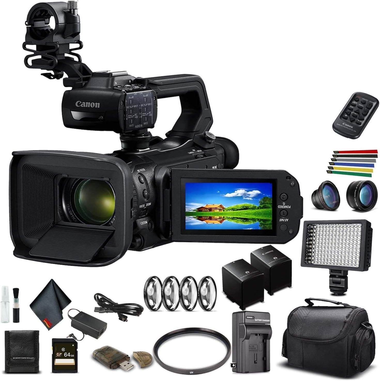 Canon XA55 Professional UHD 4K Camcorder (3668C002) W/Extra Battery, Soft Padded Bag, 64GB Memory Card, LED Light, Close Up Diopters, Lenses, and More Advanced Bundle (Renewed)