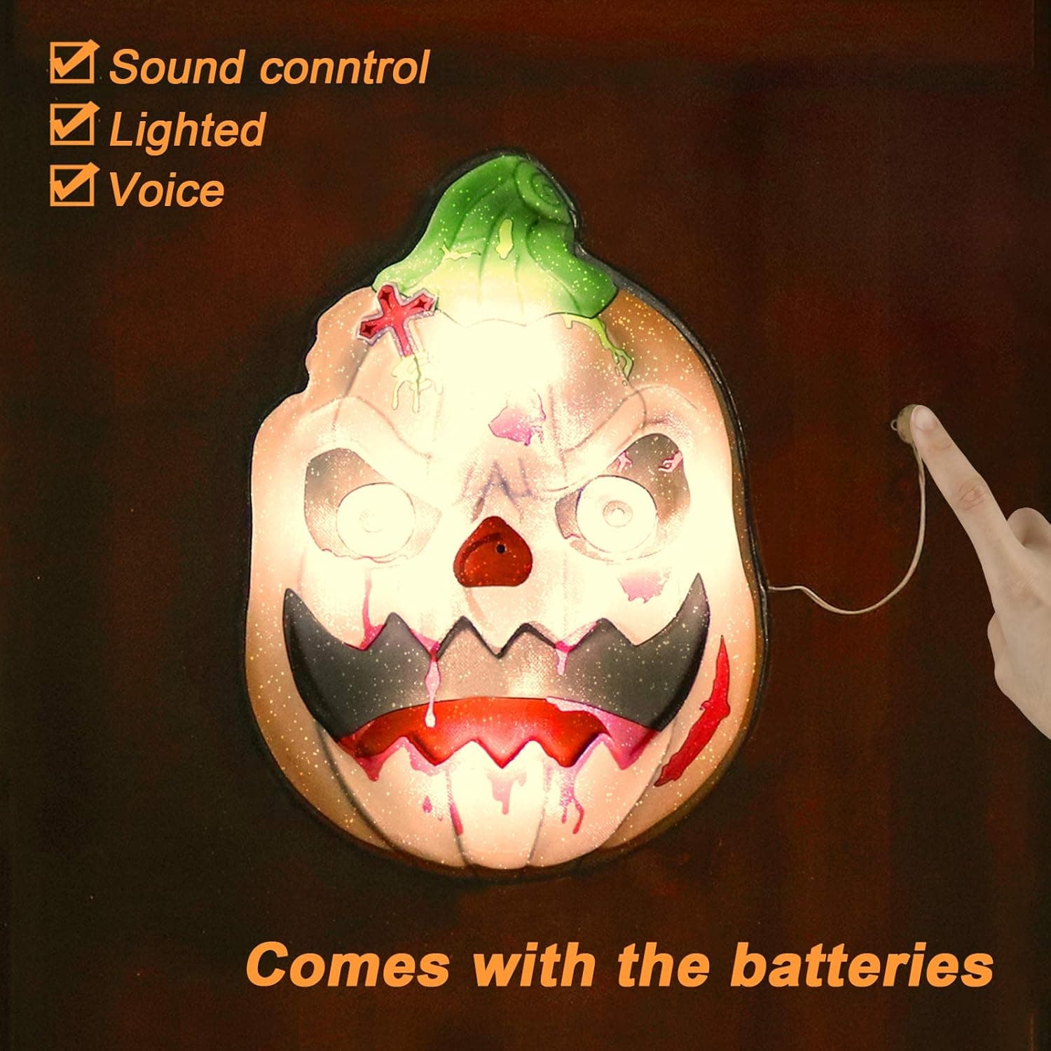 Pawliss Halloween Decorations Pumpkin Lights Outdoor Decor, Animatronics Sound-Control Flashing LED Doorbell with Scary Sounds, Door Bell Decorations Outside
