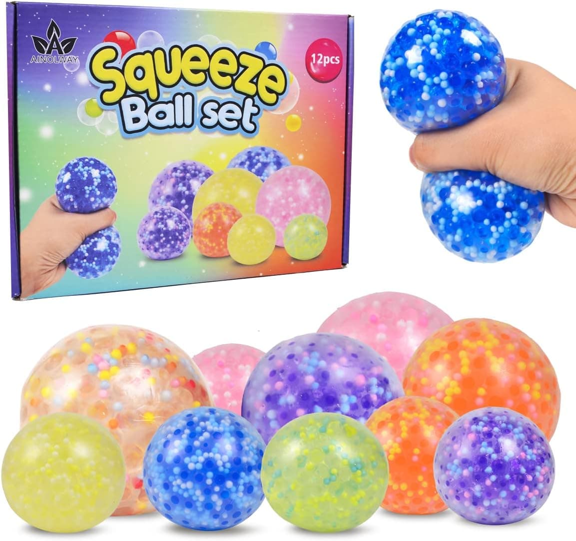 A AINOLWAY Squishy Stress Ball Fidget Toys for Kids and Adults, Sensory Squeeze Toy Balls with Water Beads (1 Giant + 3 Large + 6 Small ) (A-10 Pack)