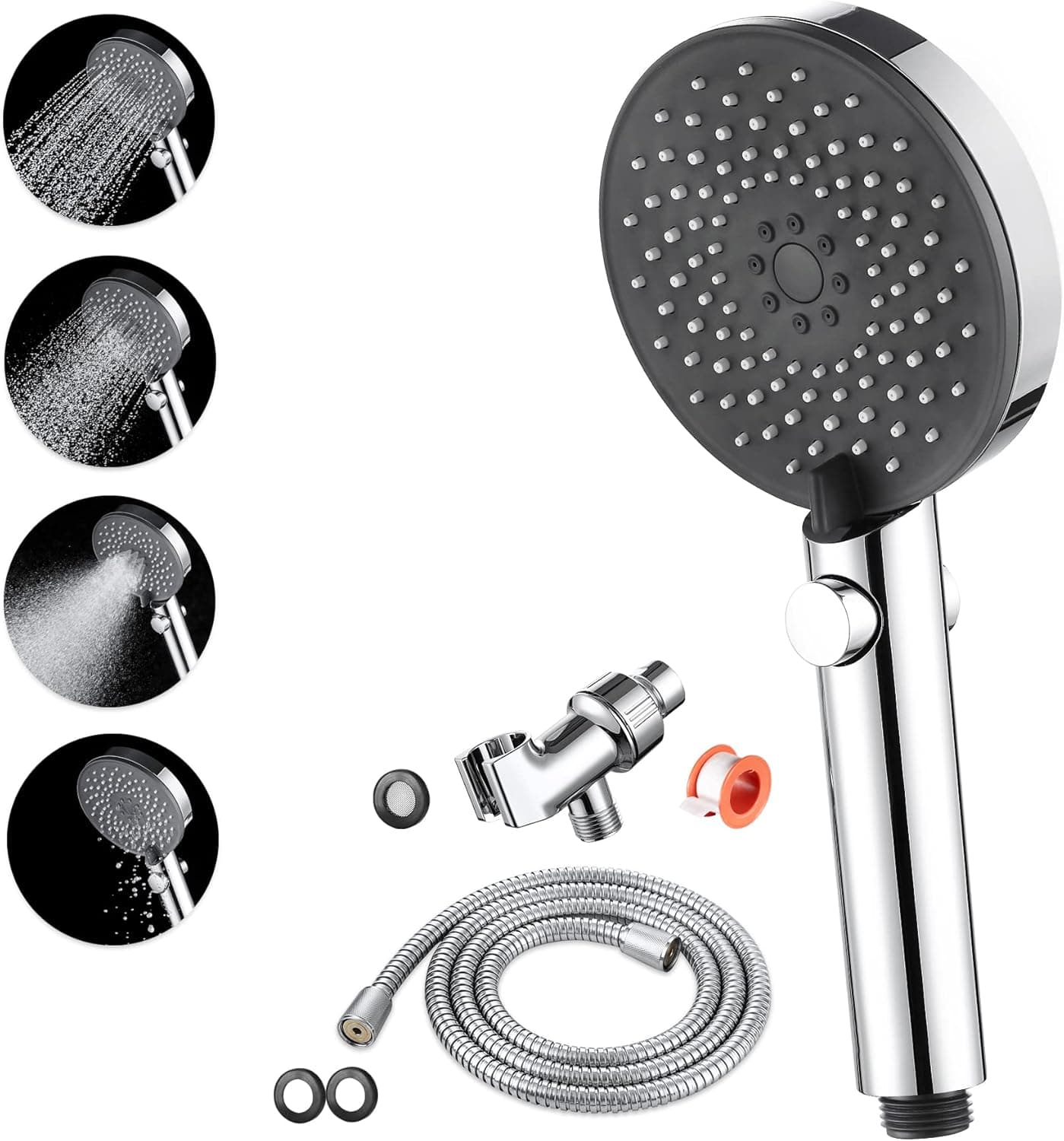 High Pressure Water Saving Shower Head,Pause Setting Shower Heads with Brass Swivel Ball Bracket and Extra Long Stainless Steel Hose, 3 Spray Setting,4.5"Large Panel (Chrome)