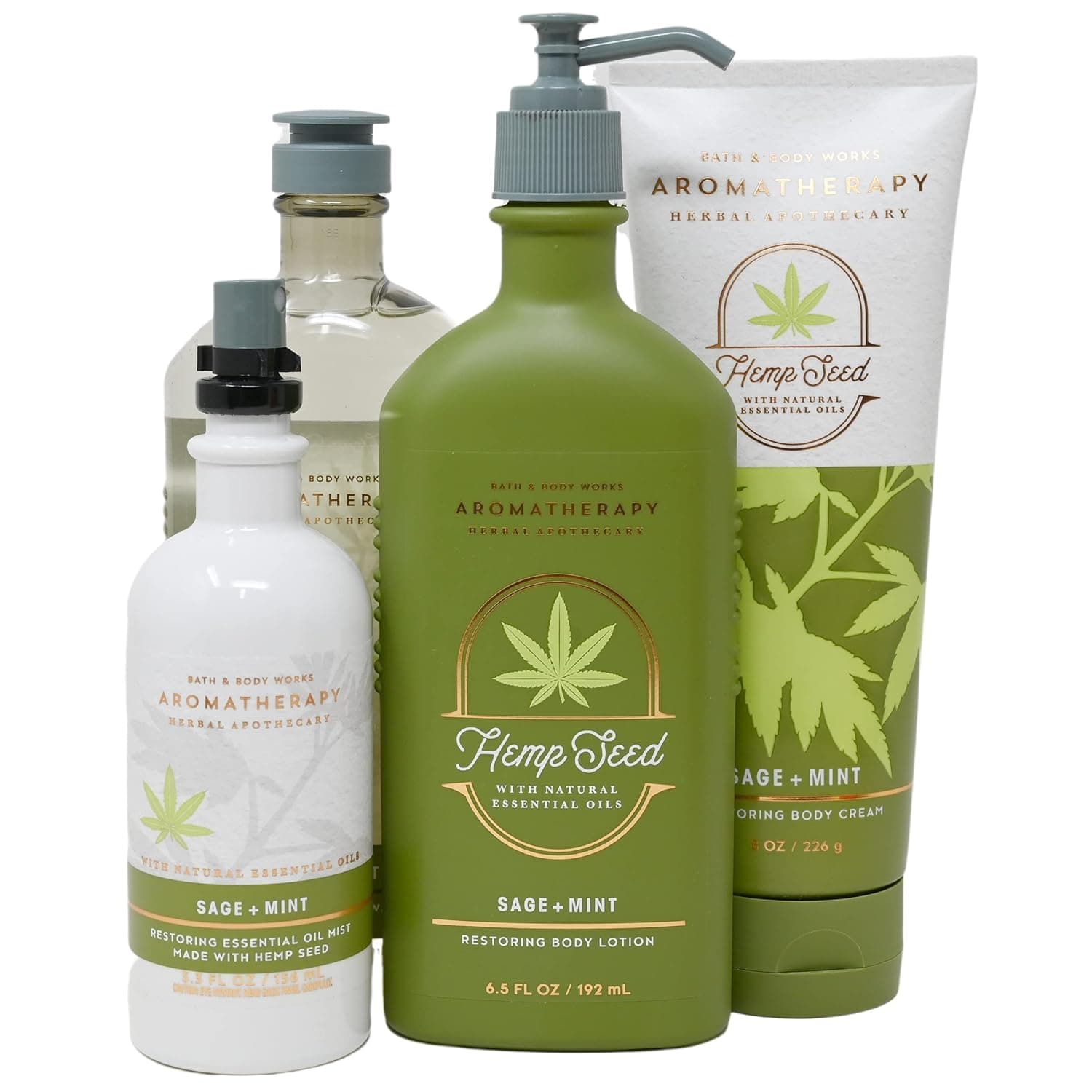 Bath & Body Works Aromatherapy Hemp Seed with Natural Essentials Oils - Sage + Mint - Deluxe Gift Set - Body Lotion - Body Cream - Essential Oil Mist and Body wash + Foam Bath - Full Size