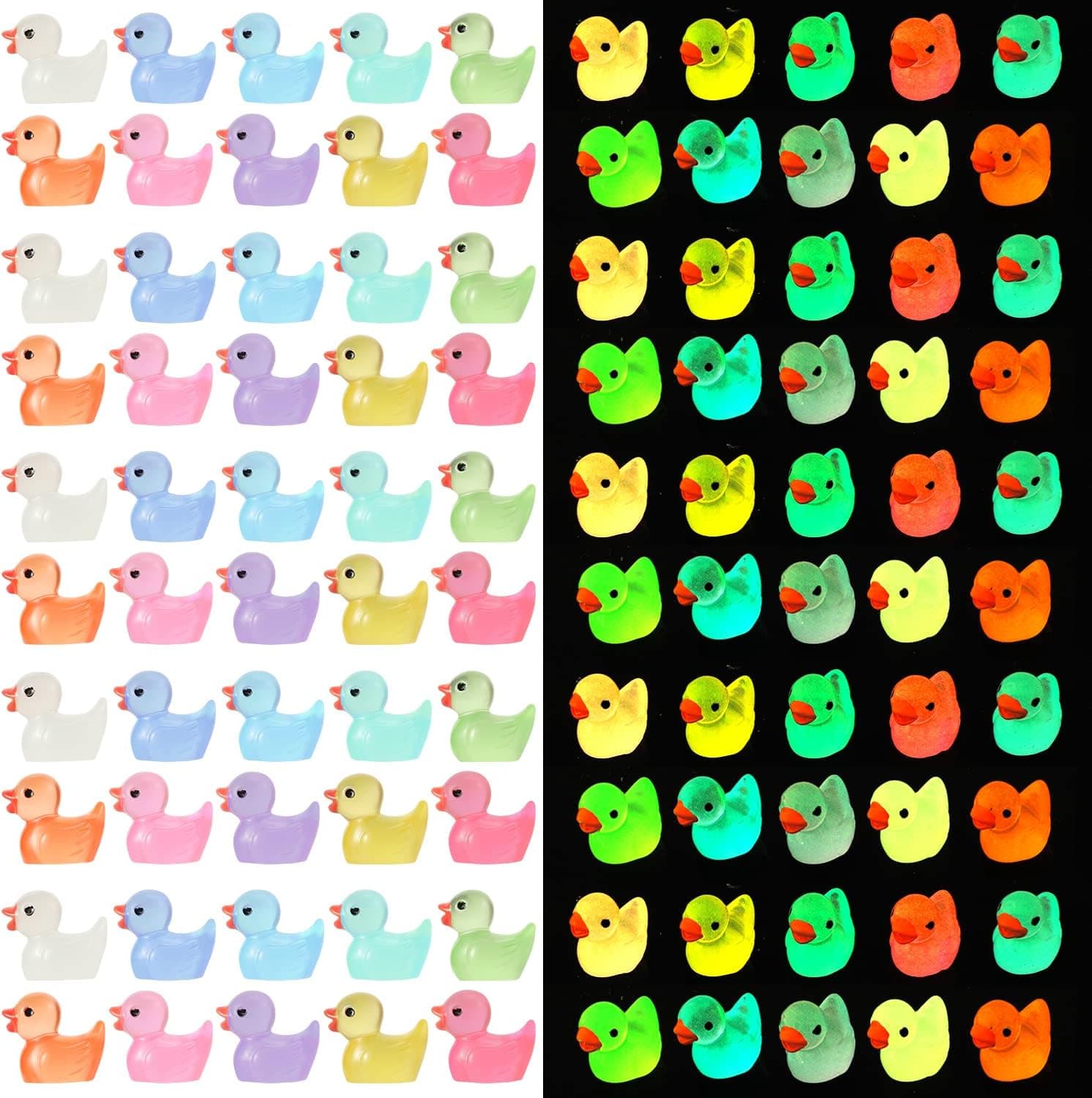 TOYMIS 100 Pack Mini Luminous Resin Ducks for Crafts, Colorful Tiny Ducks Glow in The Dark Miniature Figures for Aquarium Garden Landscape Dollhouse Ornament Potted Decorations DIY