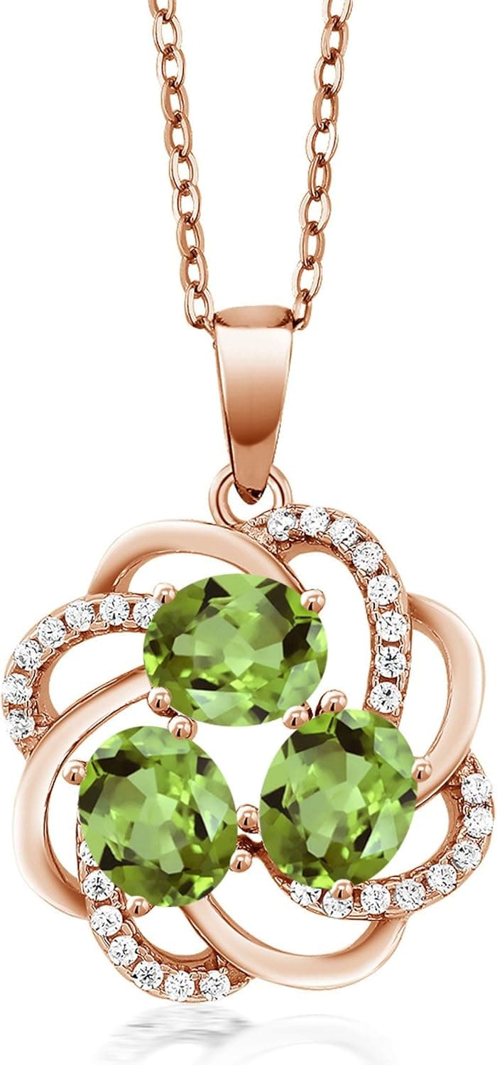 Gem Stone King 18K Rose Gold Plated Silver Green Peridot 3-Stone Pendant Necklace For Women (1.85 Cttw, Gemstone Birthstone, Oval 6X4MM, with 18 Inch Chain)