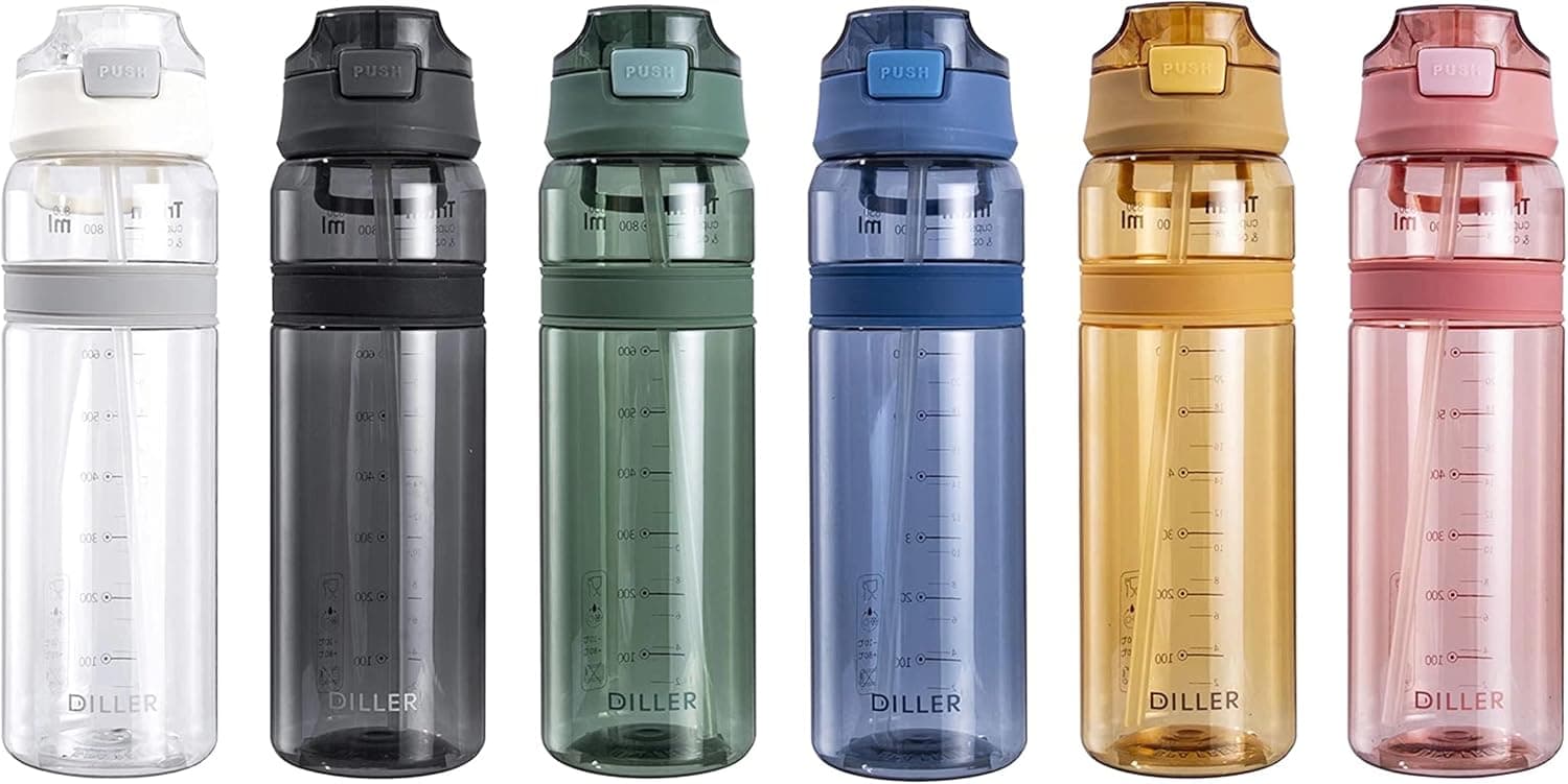 Diller Water Bottle with Straw, 28 or 18 oz BPA Free Plastic Water Bottle with Leak Proof Flip Top Lid for Gym Camping Workouts Outdoors (Clear White, 28 oz)