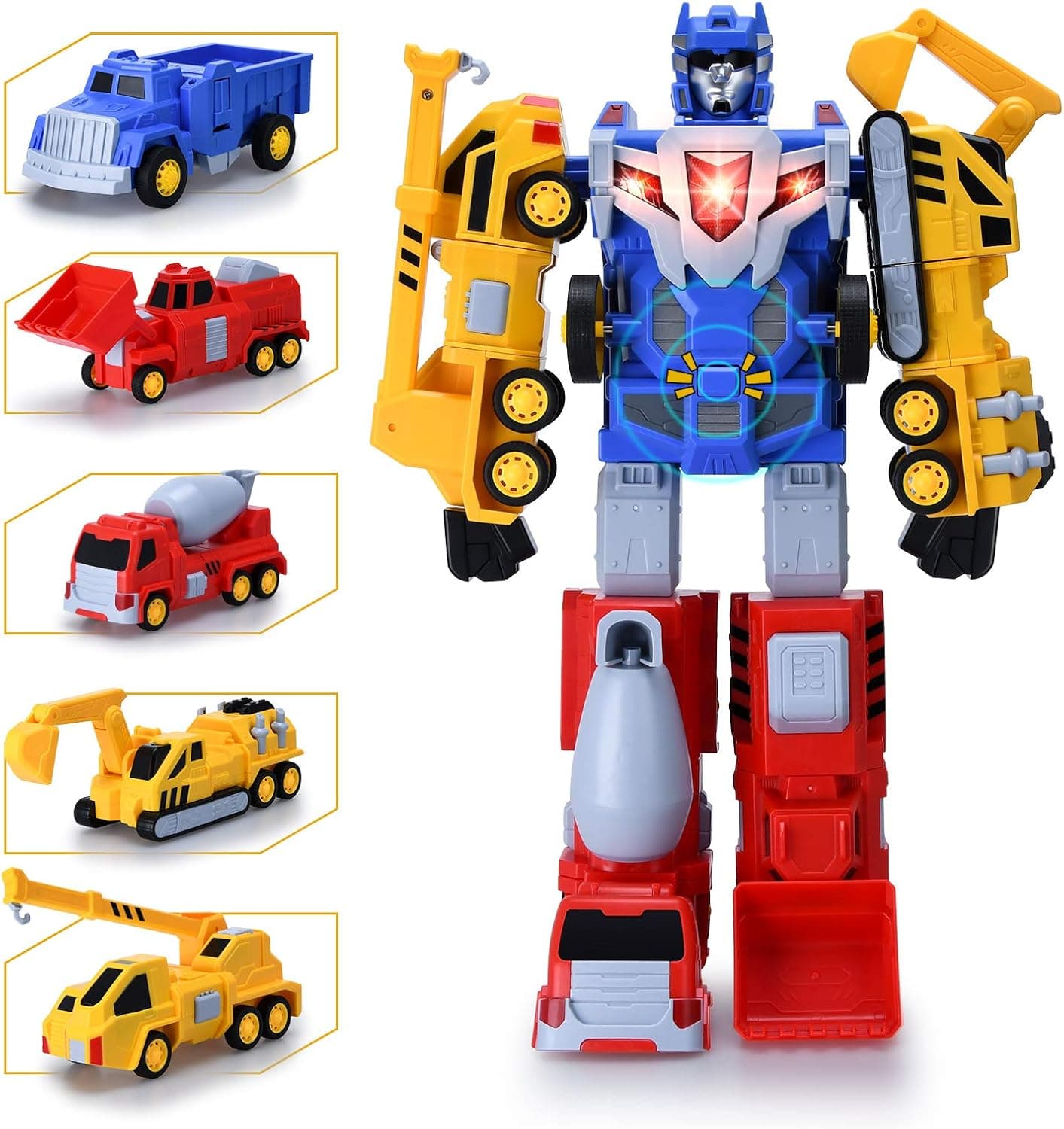 5 in 1 Transform Robot Car Toy,Toys for 3 4 5 6 Year Old Boys Construction Vehicles Transformers Toys,5 Pull Back Truck Assemble Into Robot Action Figure with Light & Sound,Magnetic STEM Toys