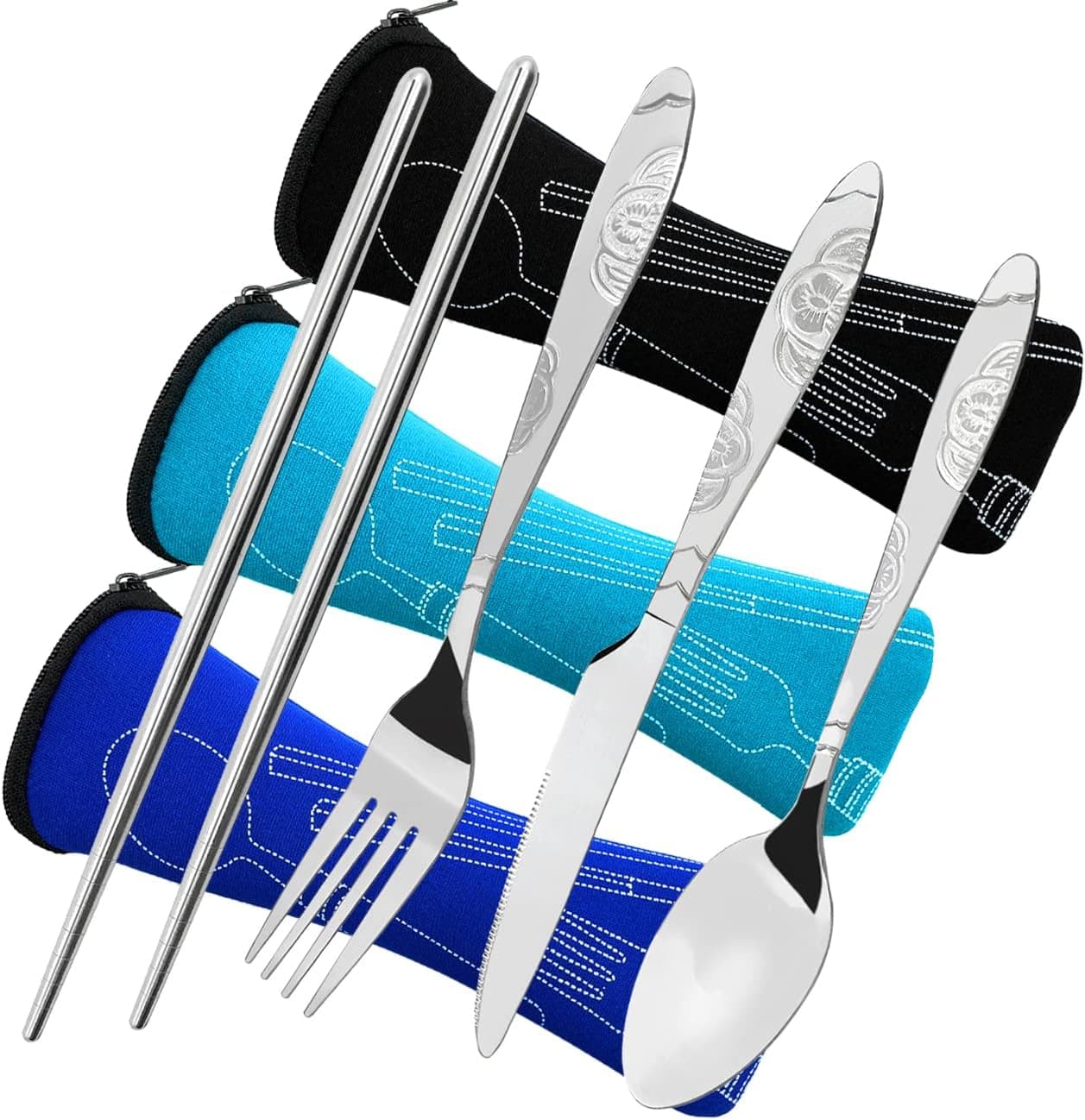 3 Pack Camping Silverware Set, CKANDAY 12 Pcs Knife Fork Spoon Chopsticks Stainless Steel with Carrying Case Rustproof Tableware Flatware for Traveling Picnic Working Hiking-Black/Blue/Light Blue