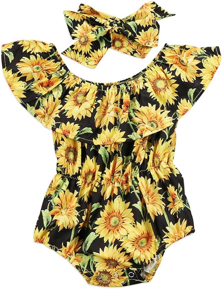 Toddler Baby Girls Sunflower Off-Shoulder Flounce Rompers with Headband