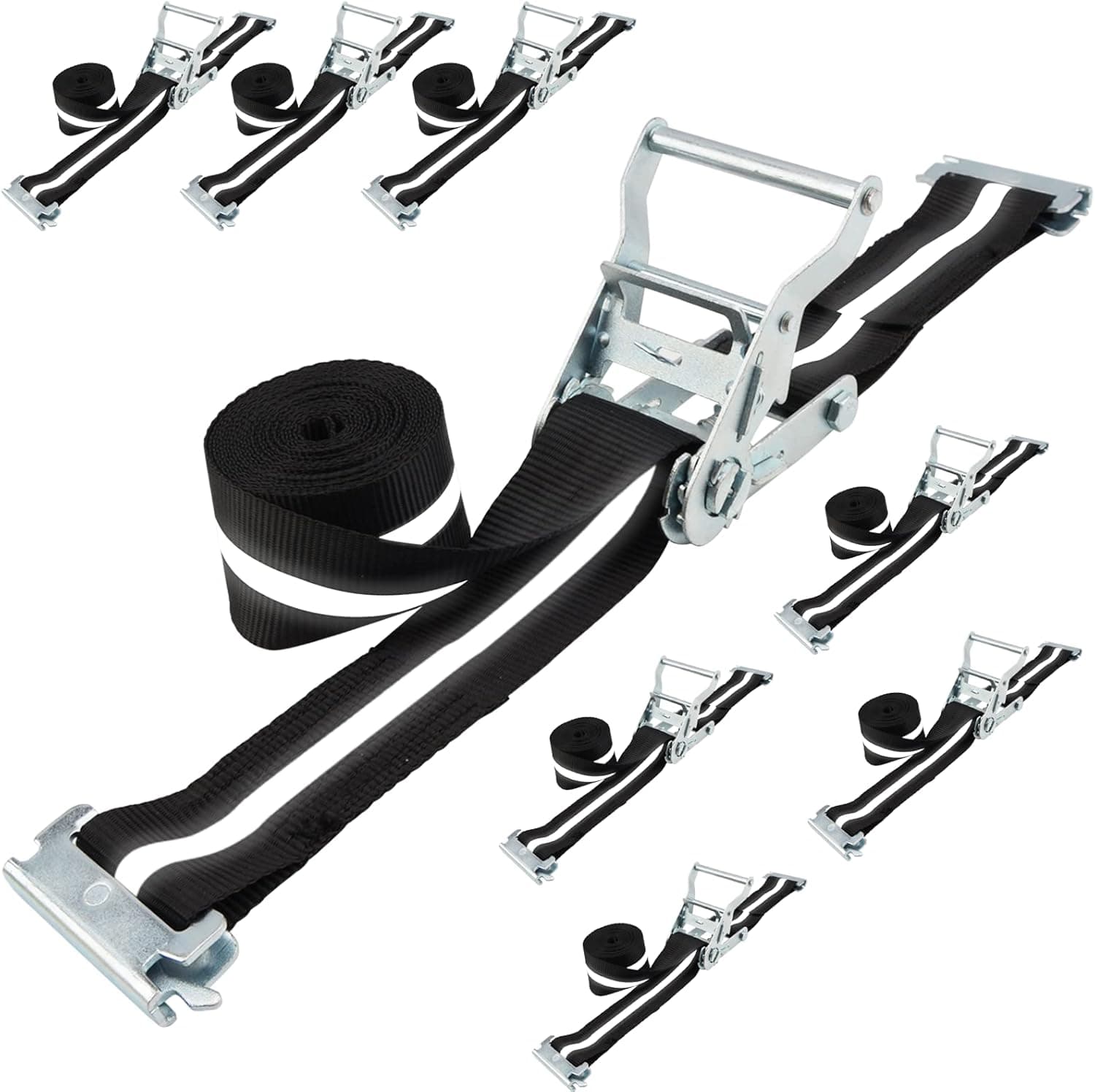 XSTRAP STANDARD 8 Pack 2" x 15' E-Track Ratchet Straps with Reflective Webbing, 4400 lbs Tie Down Ratcheting for Container, Cargo Vans, Trailer Load