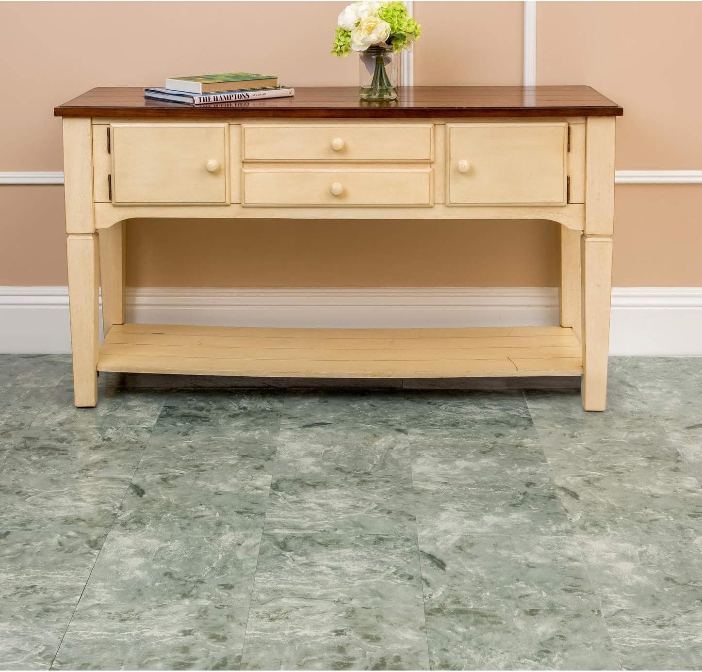 Solid Marble Green & Gray Marble Vinyl Floor Tiles Self Stick Peek Flooring 12'' x 12'' 1-Pack (20 Pieces)