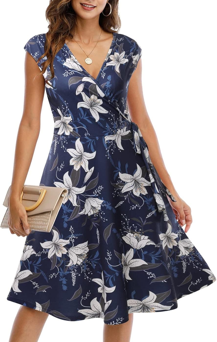 CHARMYI Wrap Dress for Women Casual V Neck Floral Party Swing A-Line Faux Wrap Dresses Midi Length with Pockets