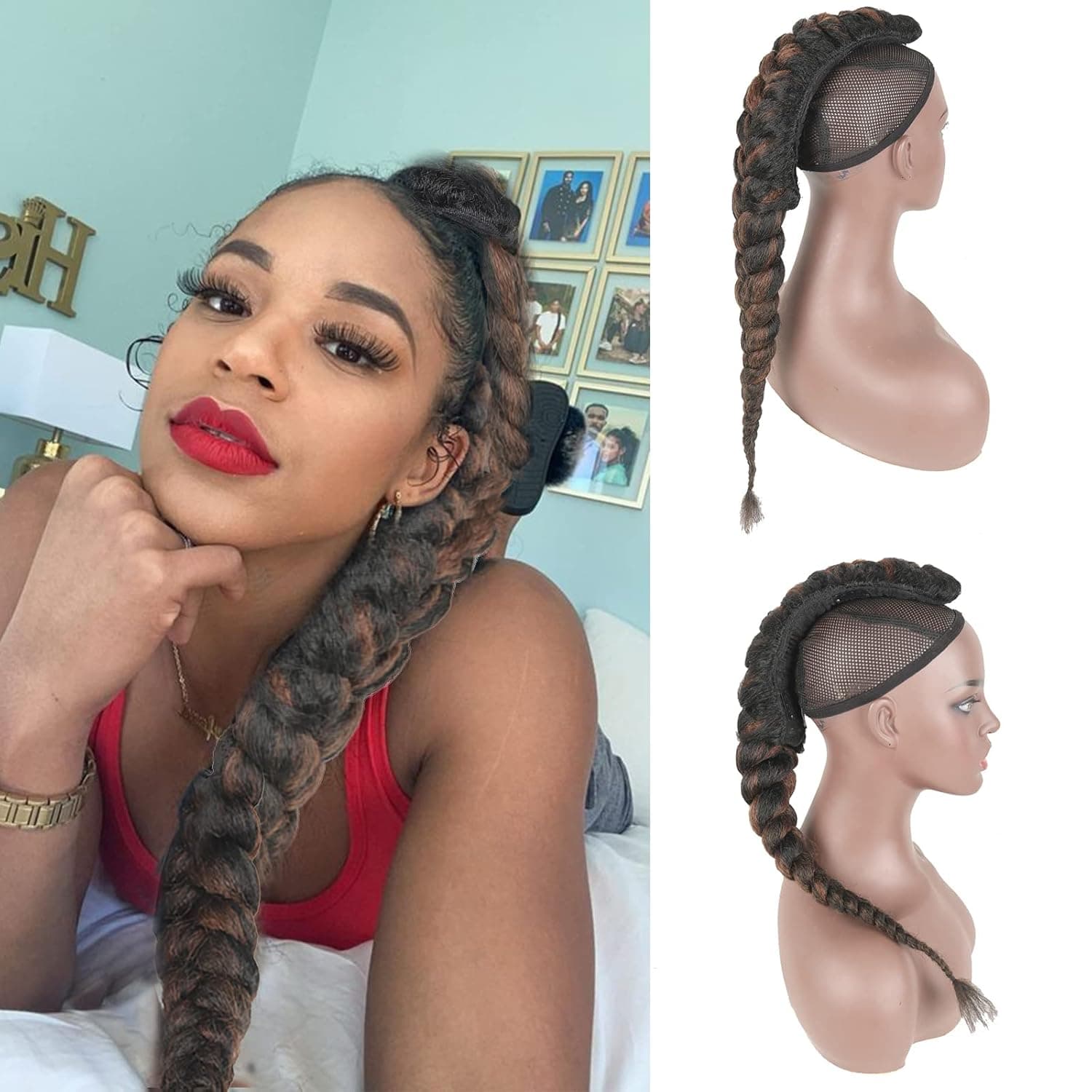 Goddess Braid Fauxhawks High Puff Hair Bun Ponytail for Black Women,CINHOO Yaki Straight Braided Mohawks Guin-Gui Jumbo and Thick Rows Braided to The Middle Clip in Hair Extensions for Women (P1B/27)