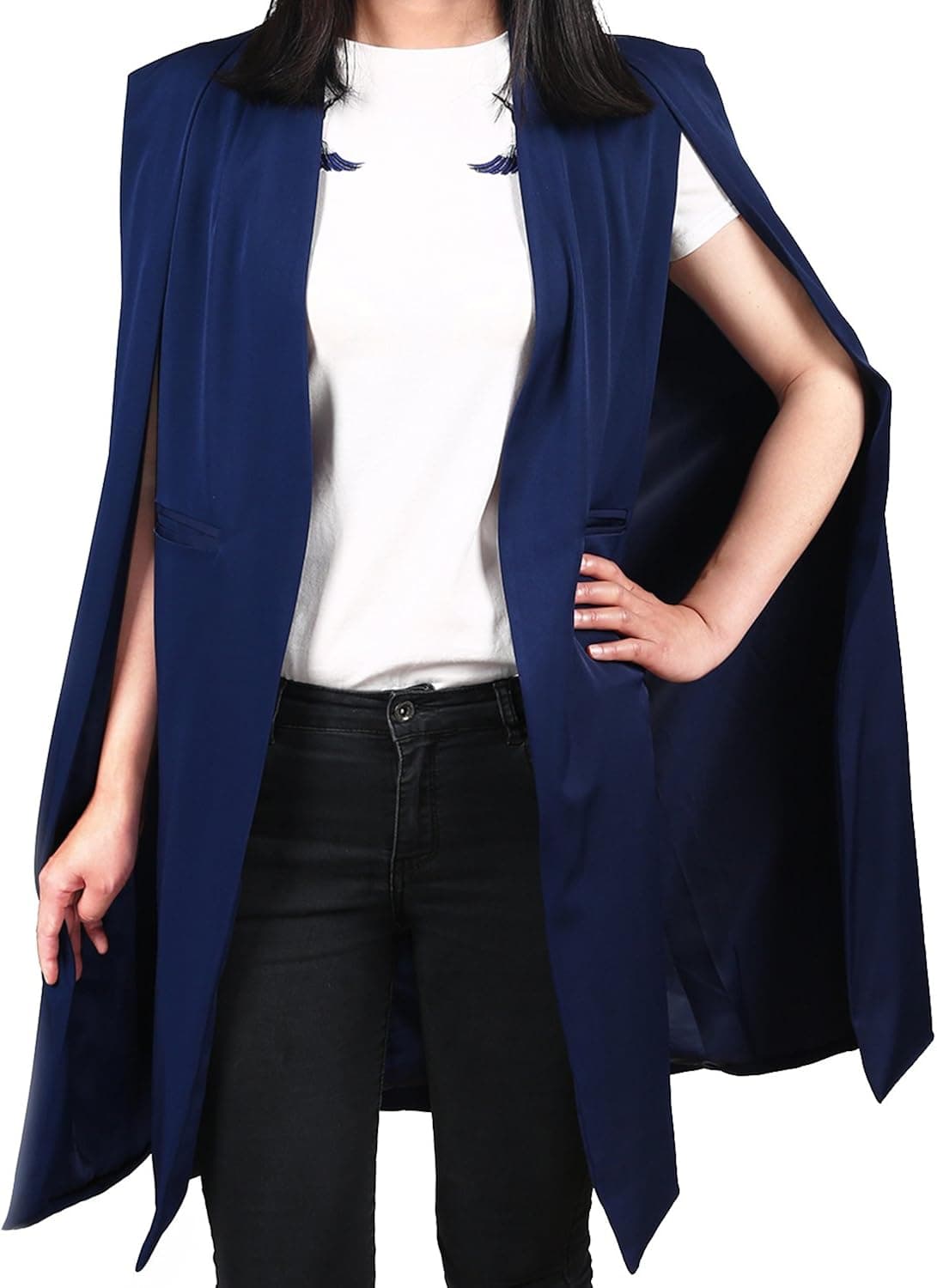 HAOYIHUI Women Casual Solid Longline Cape Open Front Split Trench Coat Blazer