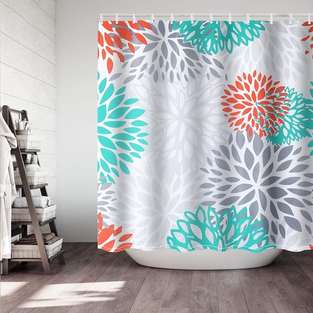 Didihou Orange Shower Curtain Waterproof Polyester Fabric Shower Curtain Dahlia Flower Print Decorative Bathroom Curtain with Hooks 71inchx71inch