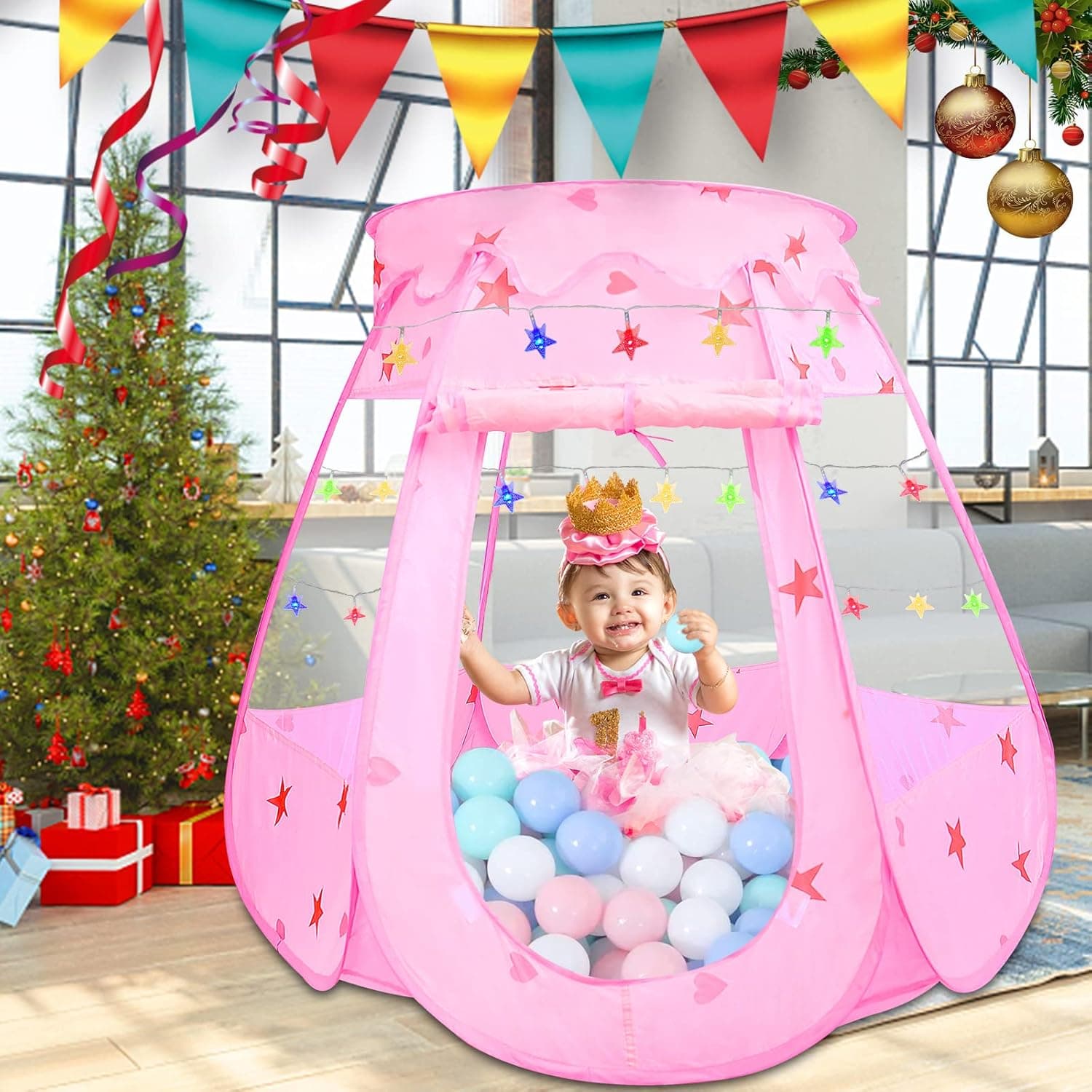 Pop Up Princess Tent, Ball Pit Kids Play Tent with Colorful Star Lights, Foldable Toddler Girl Toys with a Carrying Bag, Toys for 1 Year Old and 6+ Months Baby Toys Girls Gifts (Balls Not Included)