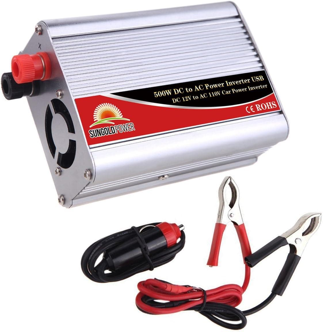 SUNGOLDPOWER 500W 12V DC to 110V AC Car Power Inverter Converter Car Cigarette Lighter Modified Sine Wave With USB Port Battery Cables And Clips Built-In Fan (500W)