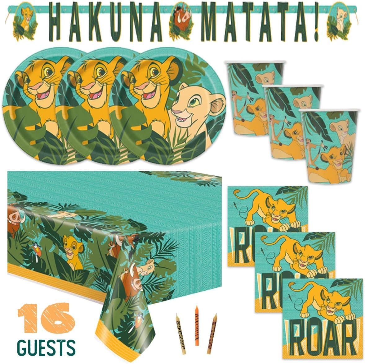 The Lion King Theme Birthday Party Supplies Set Serves 16 - Tablecover, Banner Decoration, Plates, Napkins, Cups and Candles - Nala and Simba