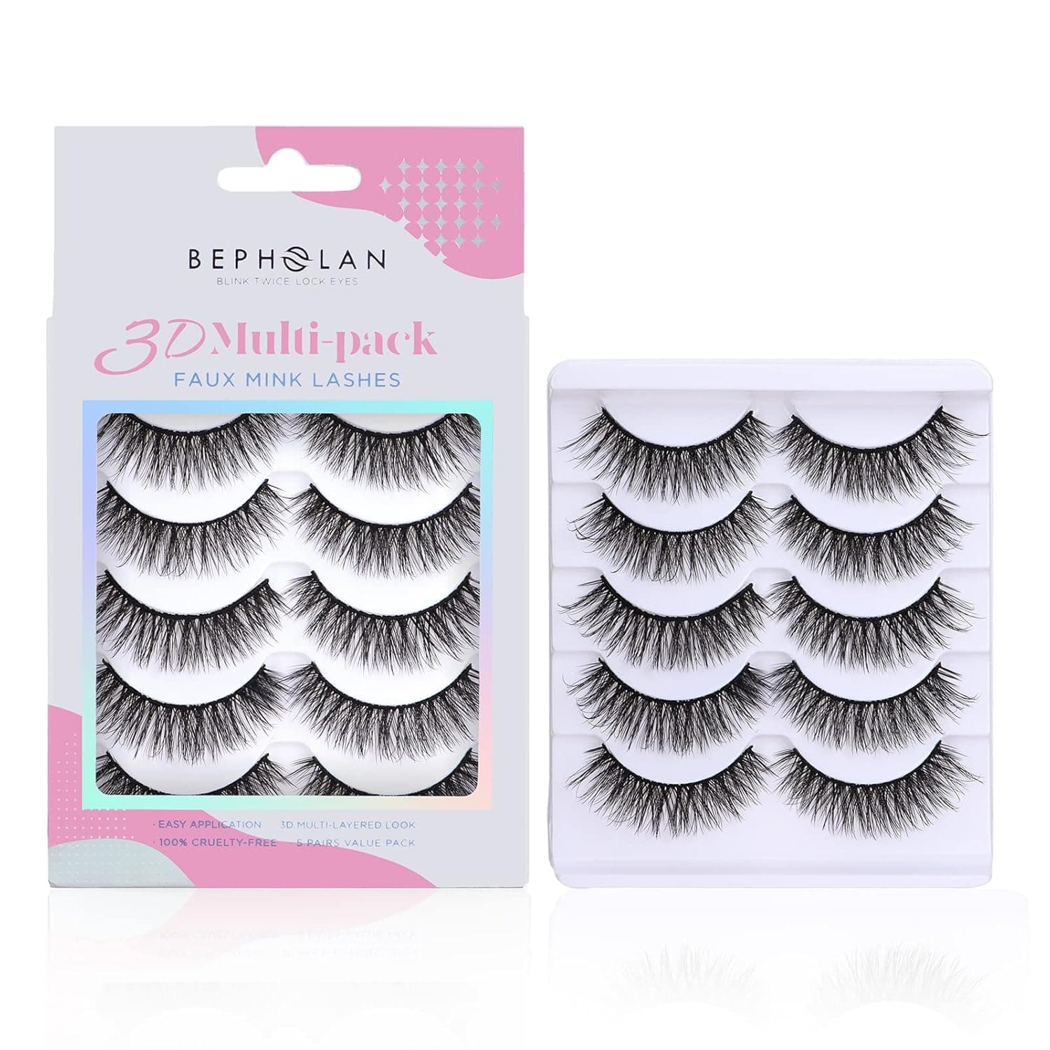 Lashes Natural Look False Eyelashes - Bepholan Fake Eyelashes 3D Super Fluffy False Lashes Black Band Wispy Lashes 5-Pack Faux Mink Lashes,XMZ24-5