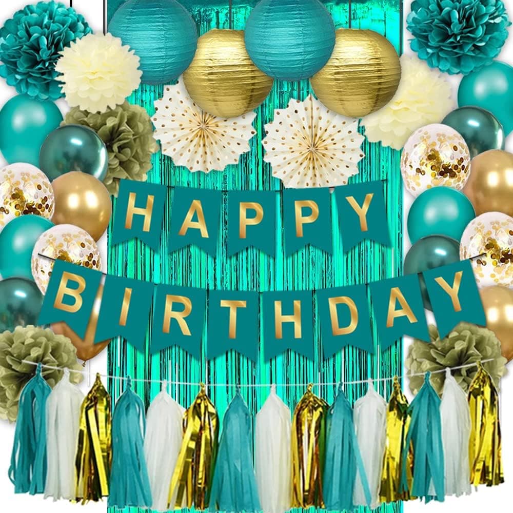 Teal and Gold Birthday Party Decorations, Birthday Decorations for Women, Turquoise Gold Women's 30th/40th/50th/60th Birthday Party Supplies