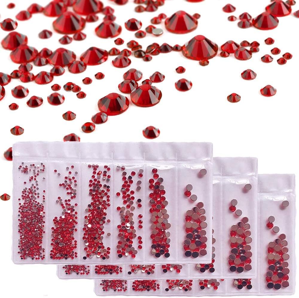 (4500+PCS 3 Pack) Rhinestones for Craft,AKWOX Crystals Plastic Nail Art Rhinestones Round Beads Flatback Charms Gems Stones for DIY Makeup Clothes Shoes 6 Sizes (2-5 mm)(Red)