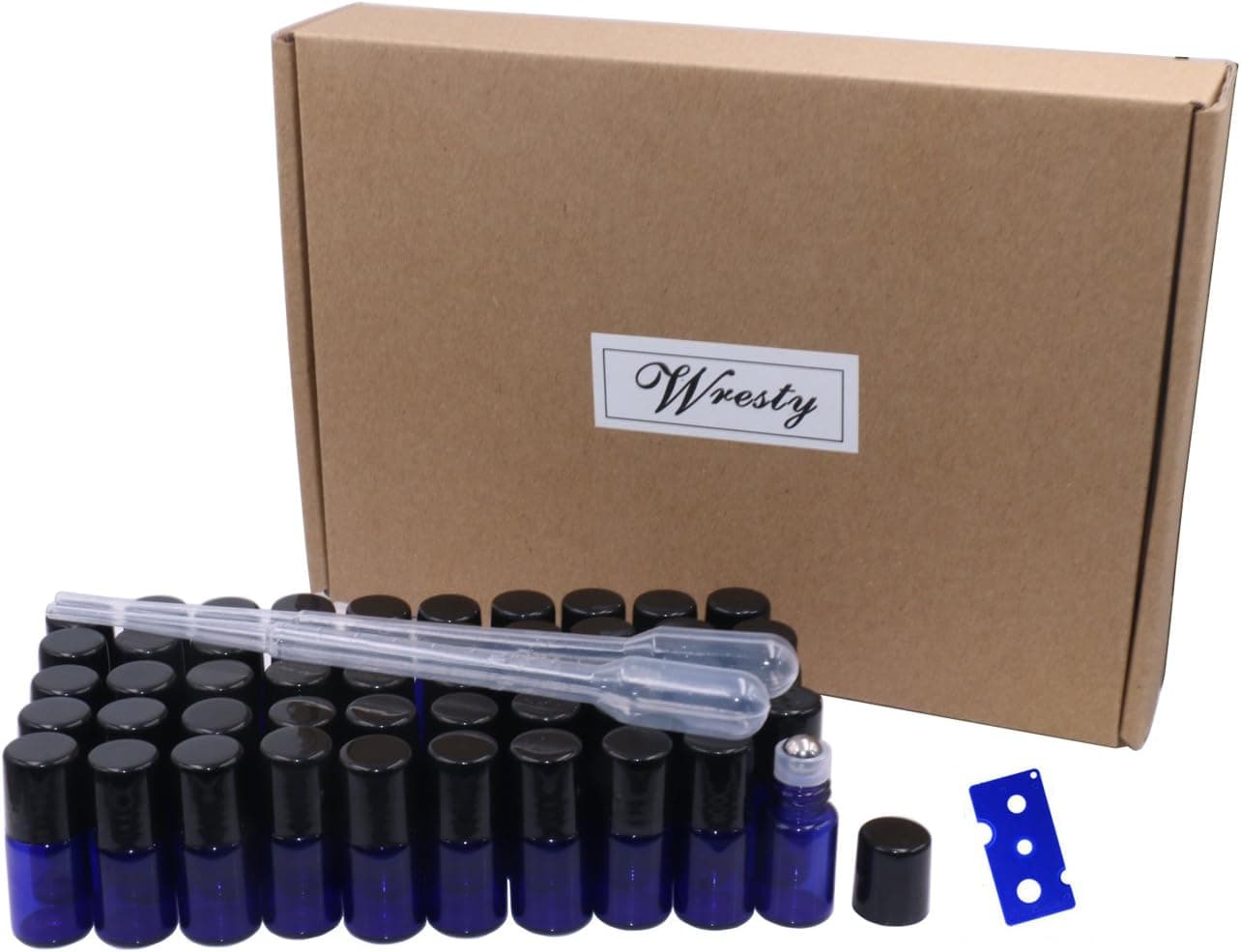 Wresty Roller Glass Bottles,50 Packs 2ml Blue Roller Ball Bottles Empty Mini Roll-on Glass Bottles Vials For Essential Oil Perfumes Aromatherapy,With opener and dropper