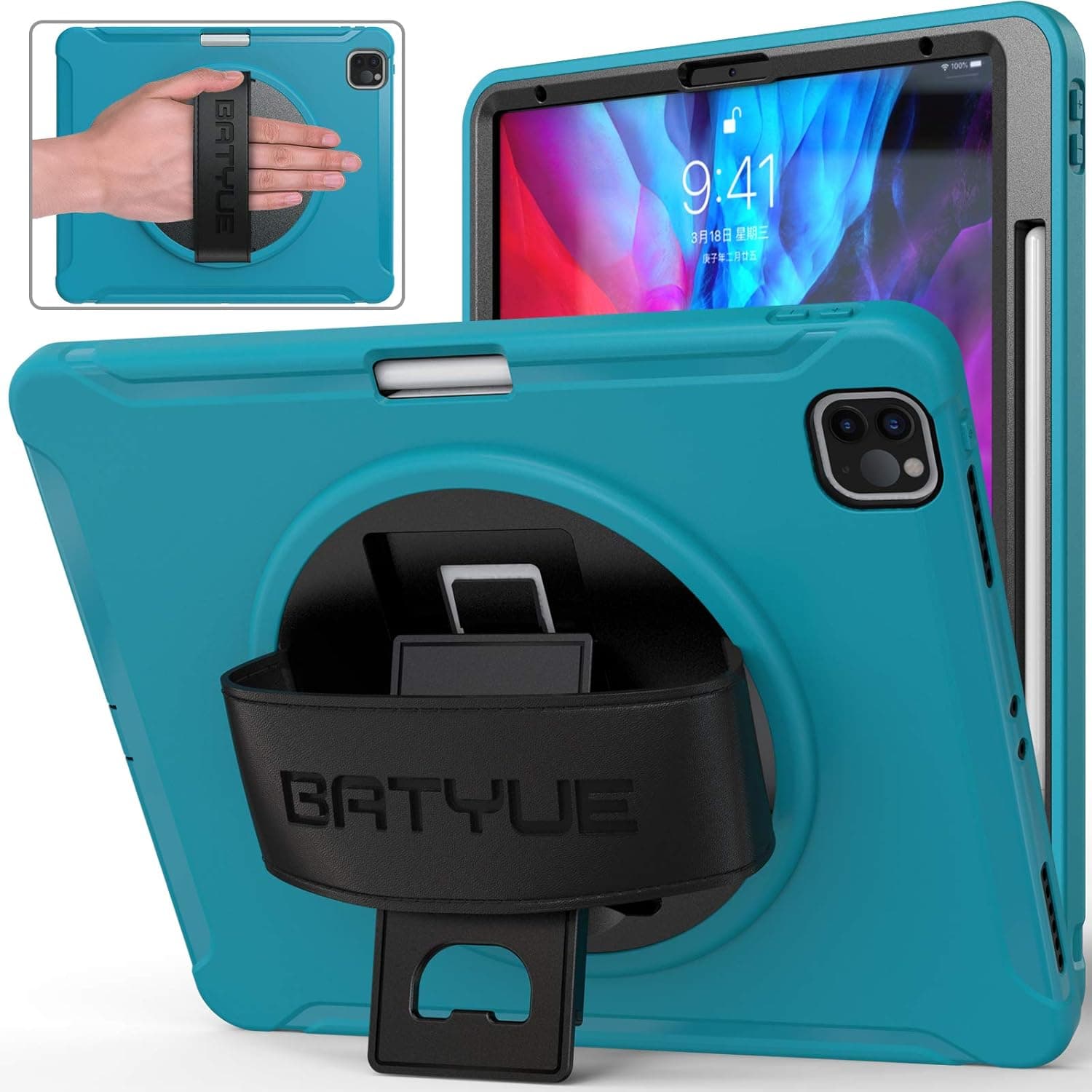 BATYUE iPad Pro 12.9 Case 6th/5th/4th/3rd Generation 2022 2021 2020 2018 with Pencil Holder, Rotating Kickstand, Hand Strap, Rugged Heavy Duty Protective Kids Cover (Light Blue)